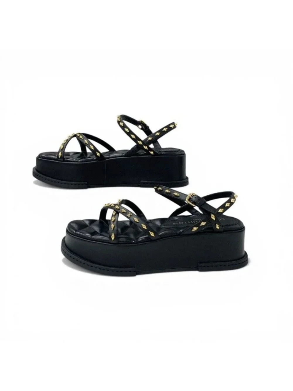 Louis Vuitton Maya Line Sandals Shoes Leather Black Gold LV Logo Studs Strap